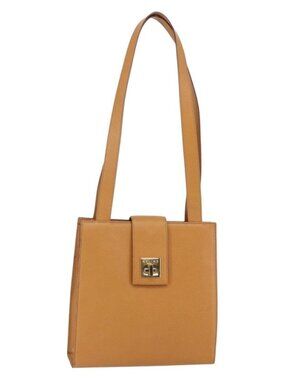 Authentic CELINE Shoulder Bag Leather Beige Gold